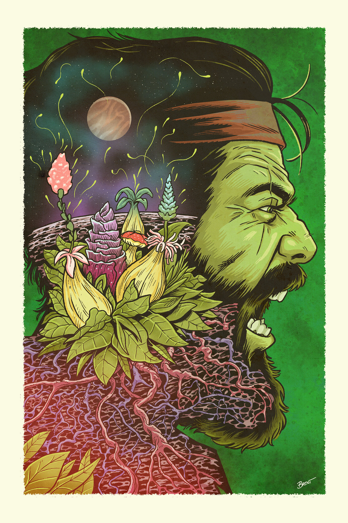 Axel's profile merges with roots, flowers and a distant planet in Brent Schoonover's illustration.