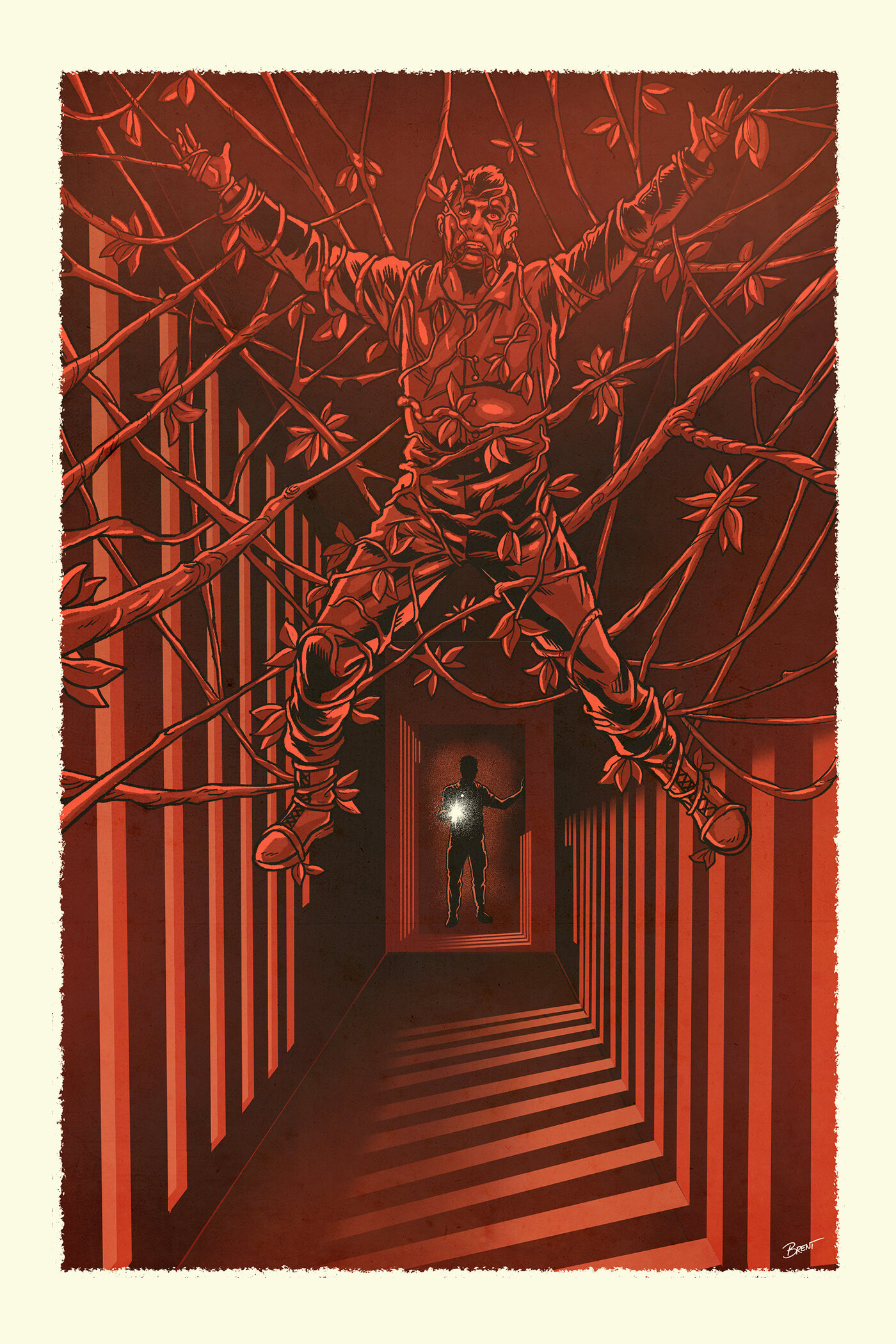 A lone figure beneath a body entwined with vines in a red industrial corridor, illustrated by Brent Schoonover.
