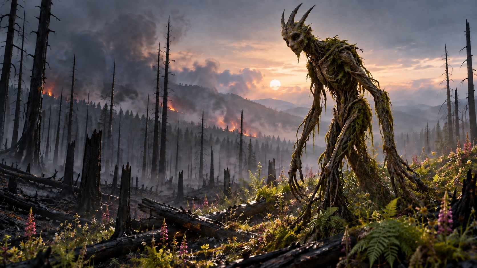 A lean, woody alien with three head spikes stands amid new growth in a burned forest.