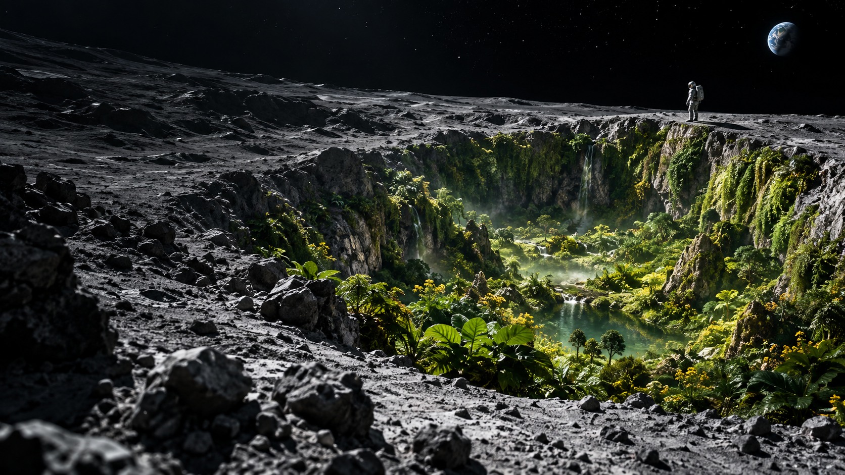 A lone astronaut discovers a luminous green garden in a crater on the moon.